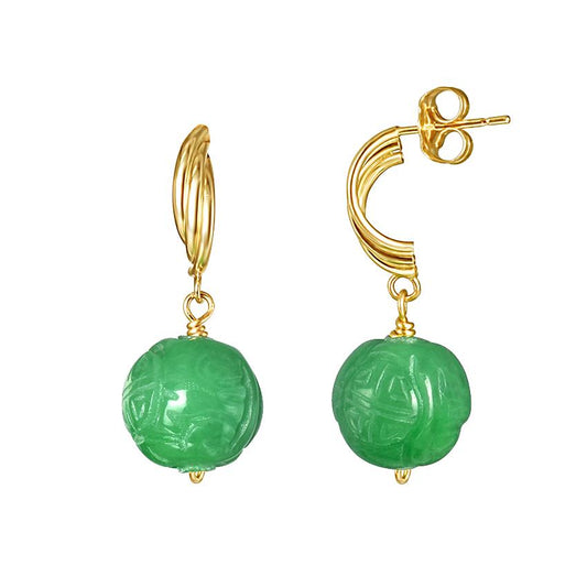 14k Carved Green Jade Post Drop Earring