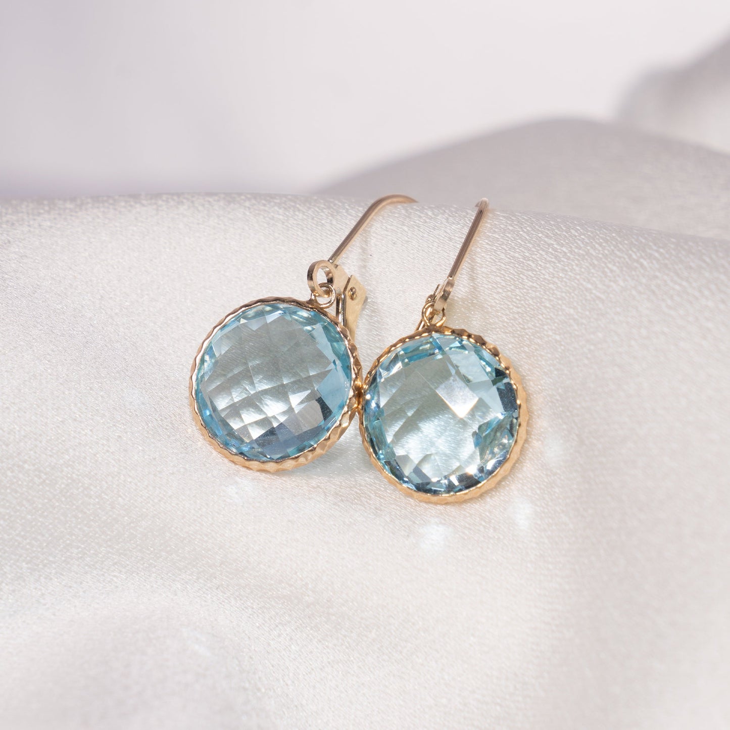 14k Blue Topaz Fancy Round Bezel Earring