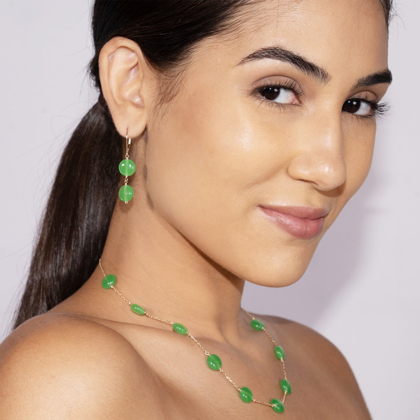 14k Green Jade Double Coin Leverback Earring