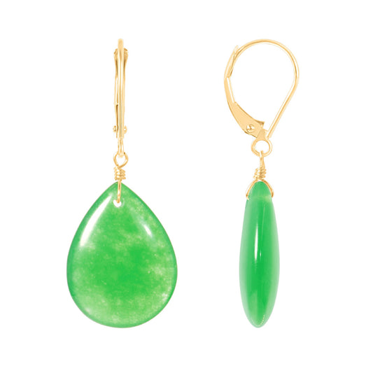 14k Green Jade Pear Shape Leverback Earring