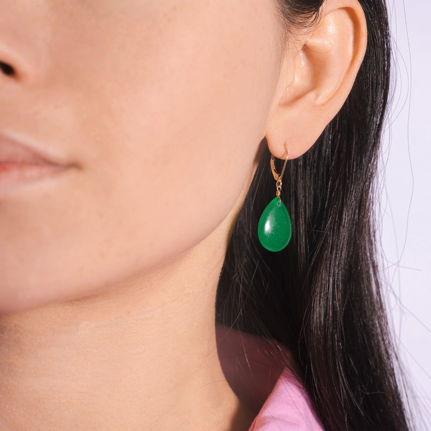 14k Green Jade Pear Shape Leverback Earring