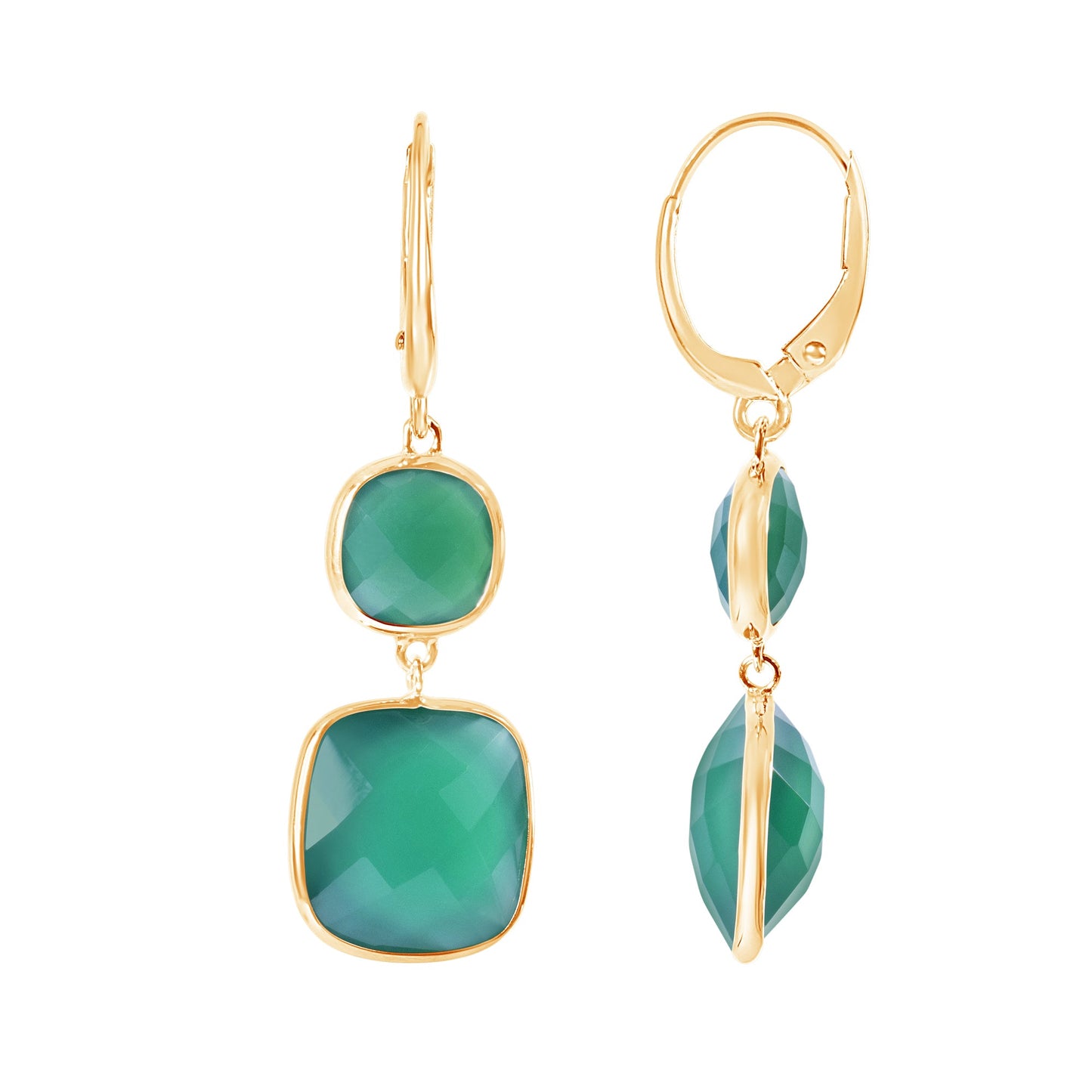 14k Green Onyx Bezel Dangle Round Leverback Earring