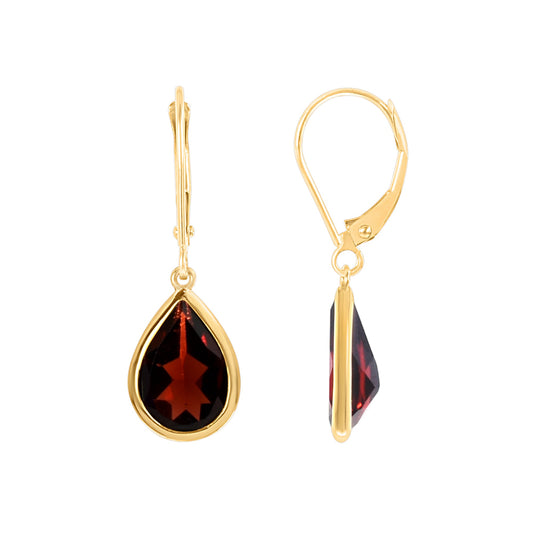 14k Garnet Pear Bezel Drop Leverback Earring