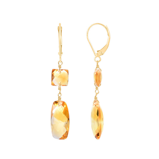 14k Citrine Square Cushion Dangle Leverback Earring