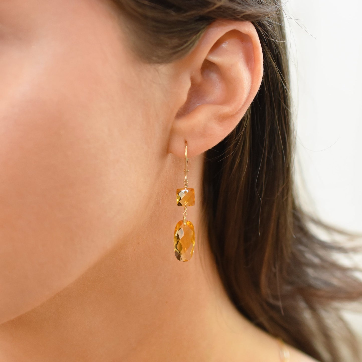 14k Citrine Square Cushion Dangle Leverback Earring