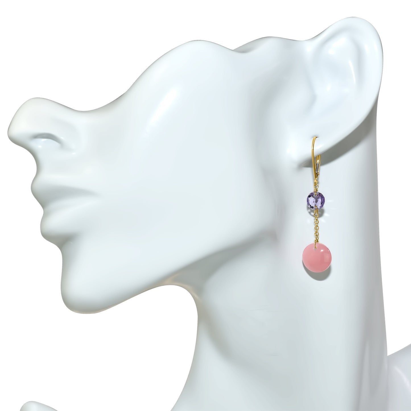 14k Amethyst Guava Quartz Dangle Leverback Earring