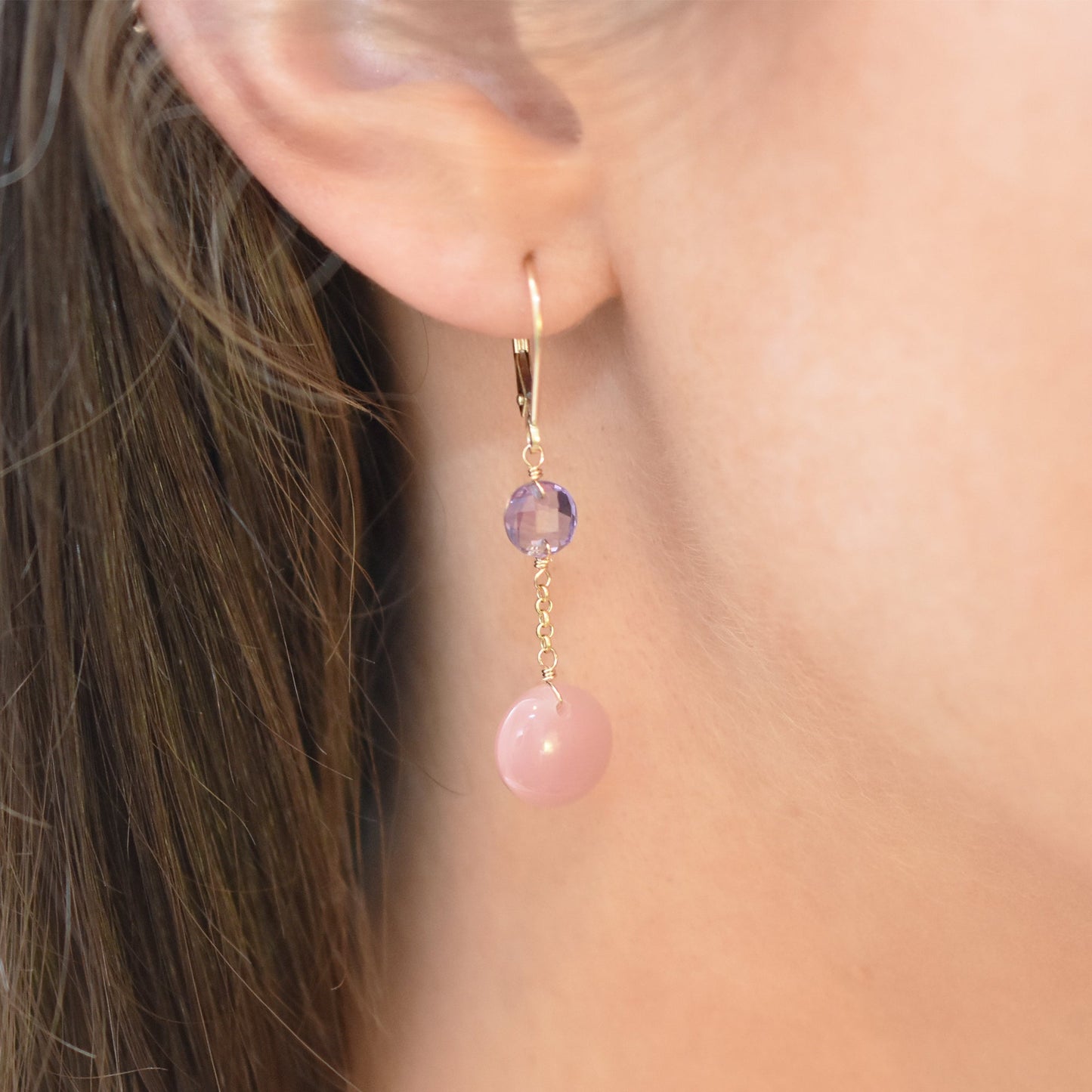 14k Amethyst Guava Quartz Dangle Leverback Earring