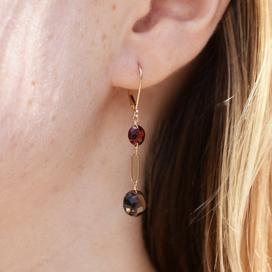 14k Garnet Smoky Quartz Coin Leverback Earring