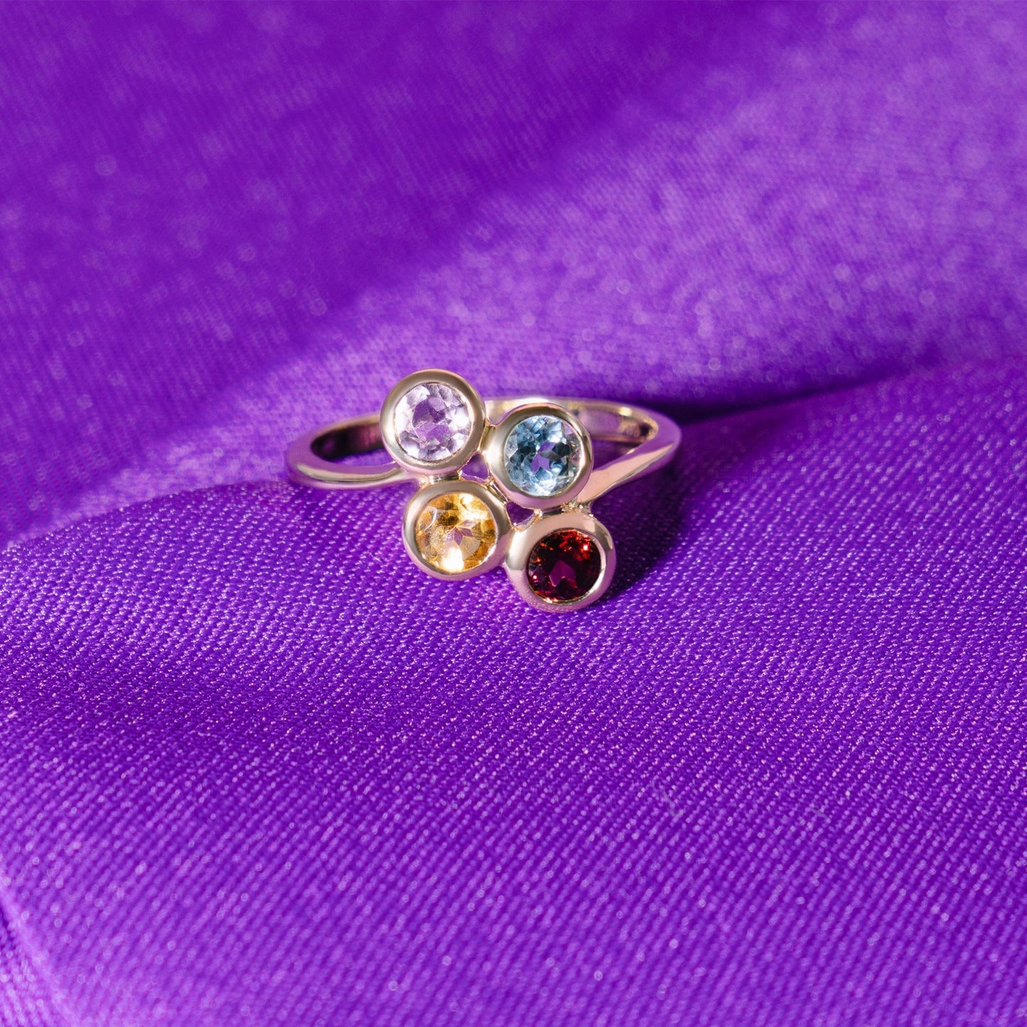 14k Blue Topaz, Citrine, Garnet, and Amethyst Ring