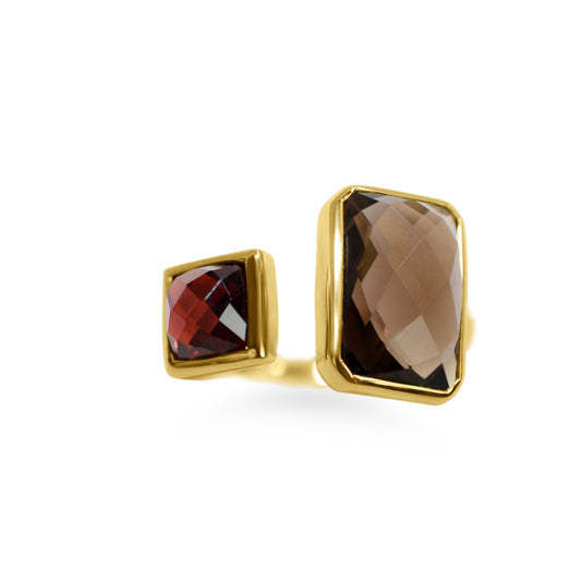 14k Garnet Smokey Quartz Open Ring