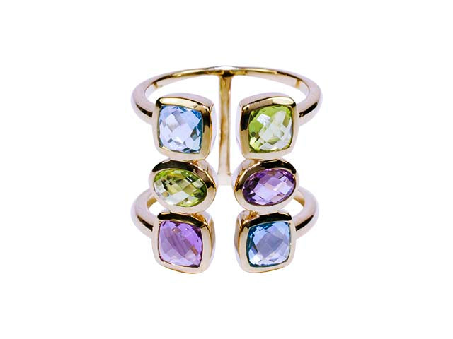 14k Blue Topaz, Peridot, and Amethyst Open Ring