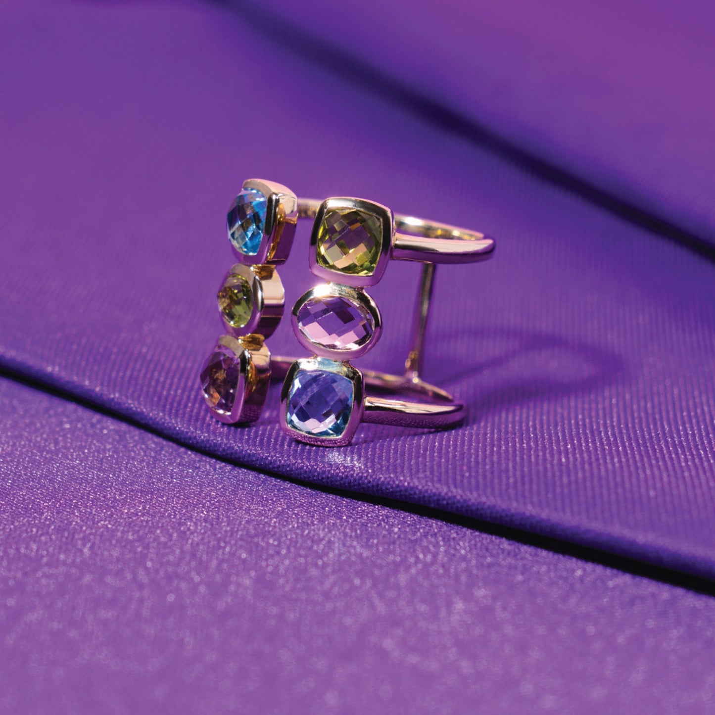 14k Blue Topaz, Peridot, and Amethyst Open Ring