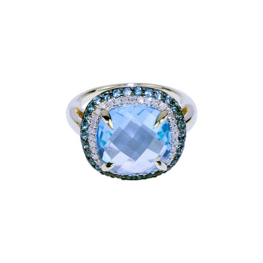 14k Swiss/London Blue Topaz Diamond Cushion Shape Ring - Size 7