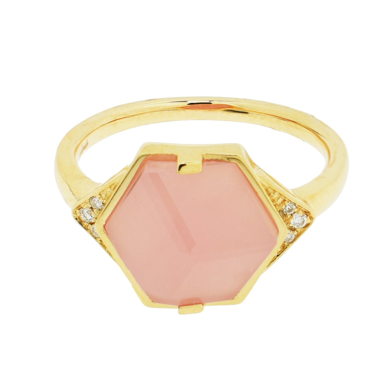 14k Guava Qz 3D Cut Hexagon Centered Diamond Ring