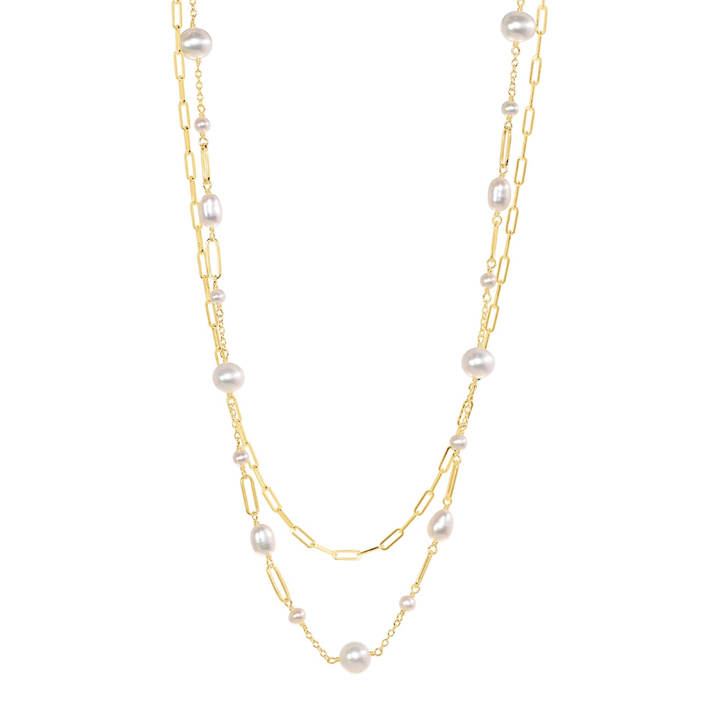 14k White Freshwater Pearl Paperclip 2 Row Necklace 18"/19.5"