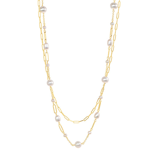 14k White Freshwater Pearl Paperclip 2 Row Necklace 18"/19.5"