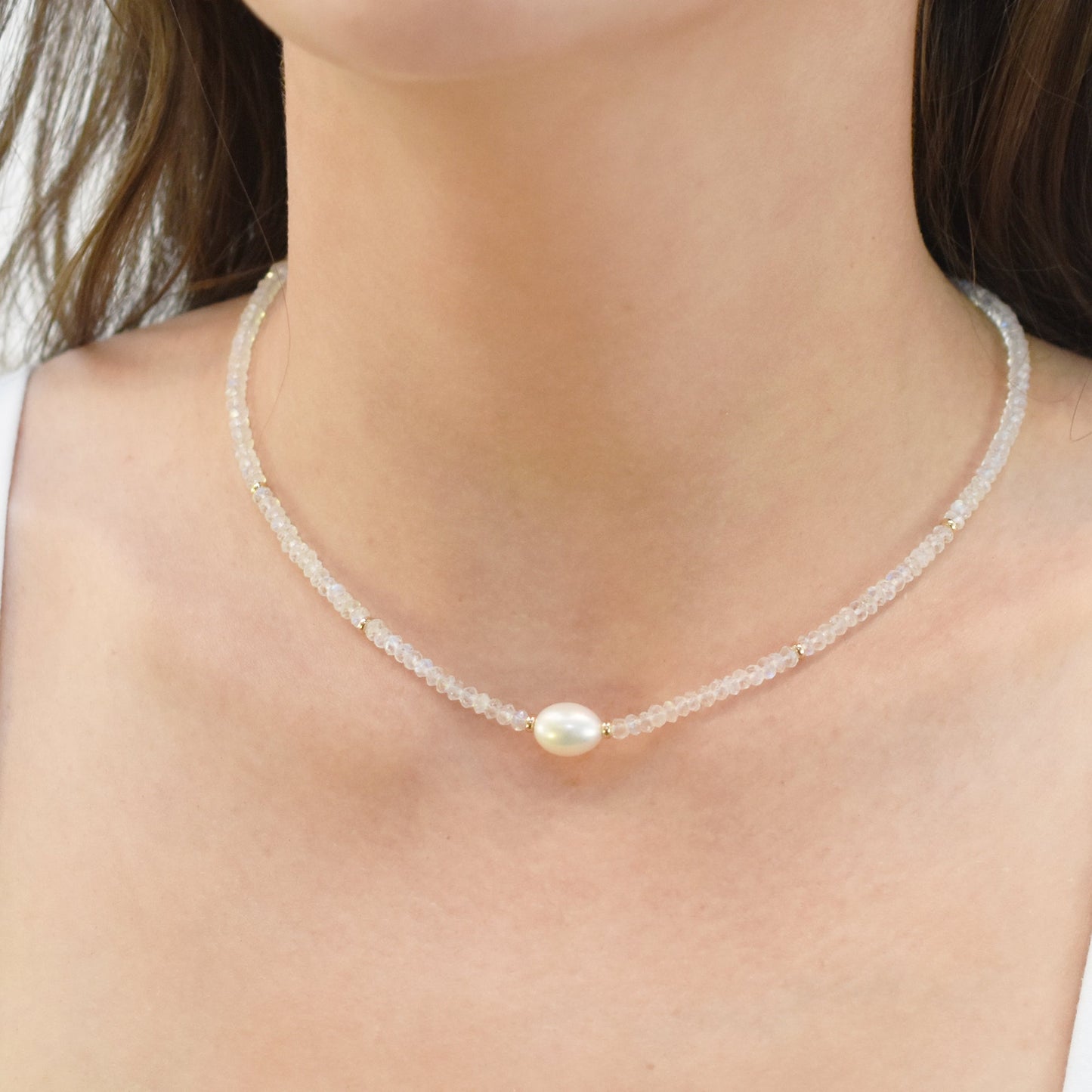 14k Gemstone Freshwater Pearl Center Necklace 17"