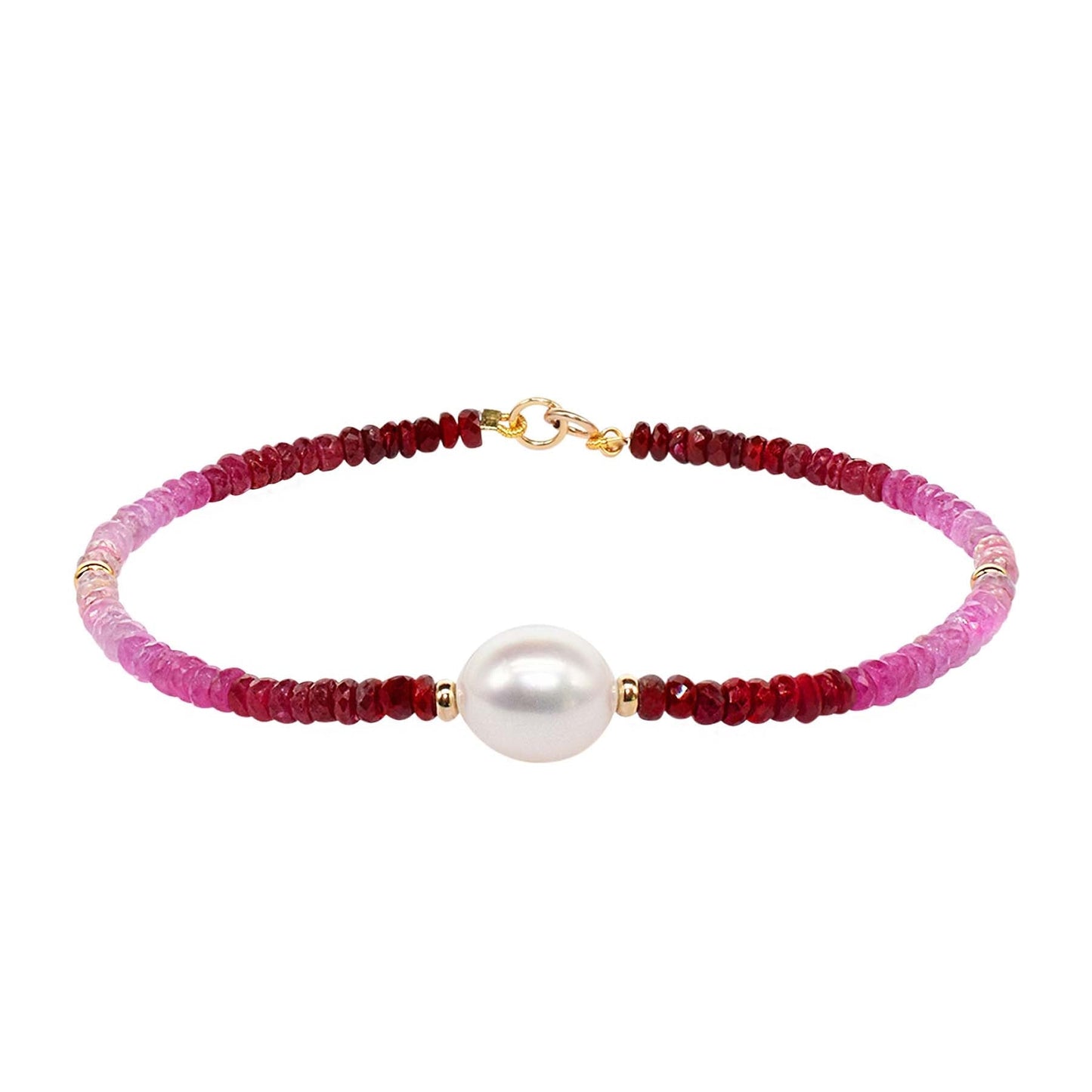 14k Ruby Freshwater White Pearl Bracelet 6.5-7.5"