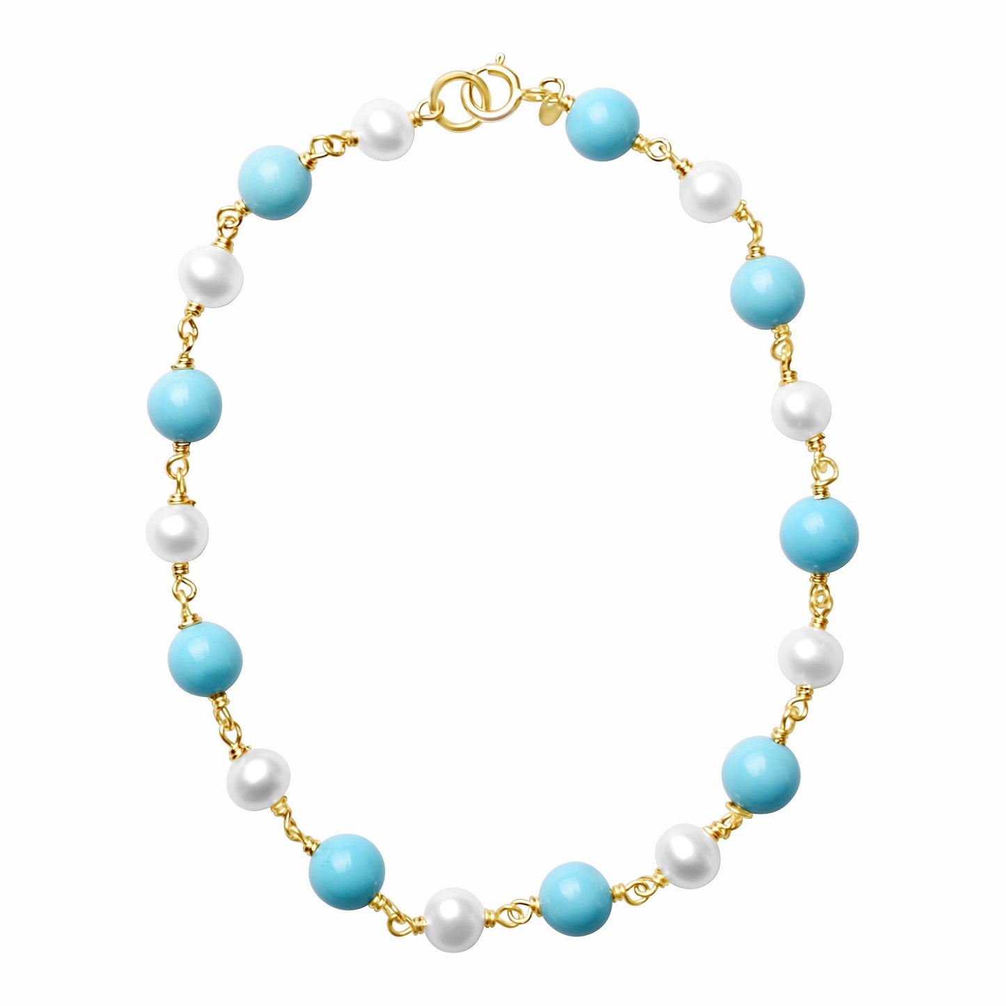 14k Turquoise White Freshwater Pearls Round 1x1 Link Bracelet 7.5"