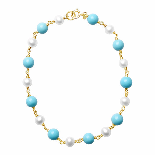 14k Turquoise White Freshwater Pearls Round 1x1 Link Bracelet 7.5"