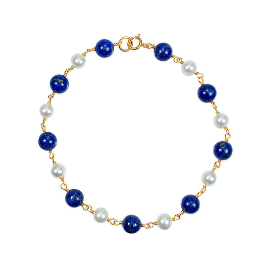 14k White Freshwater Pearl Lapis Link Bracelet 7.5"