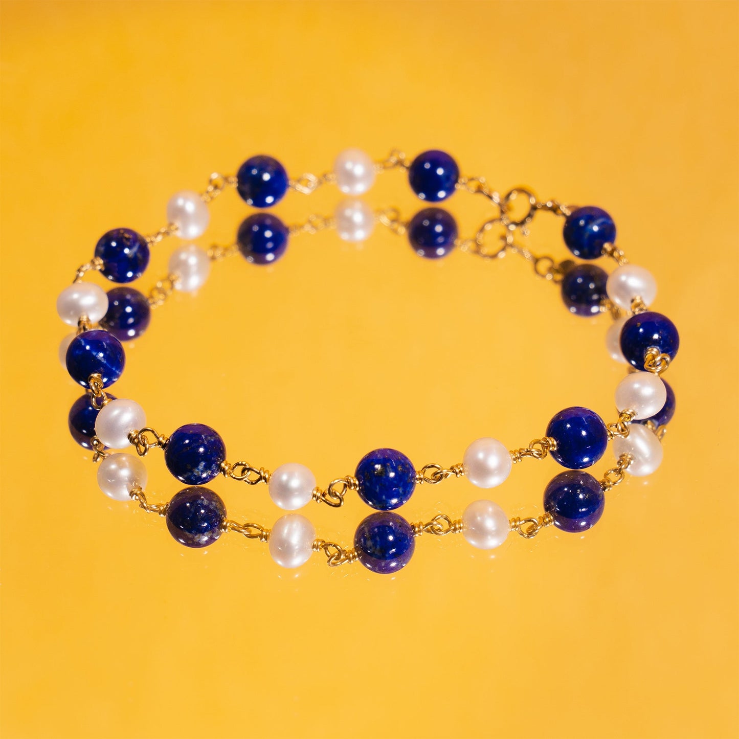 14k White Freshwater Pearl Lapis Link Bracelet 7.5"