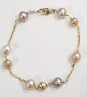 14k Multi Pink Freshwater Pearl Gold Ball Link Bracelet 7.5"