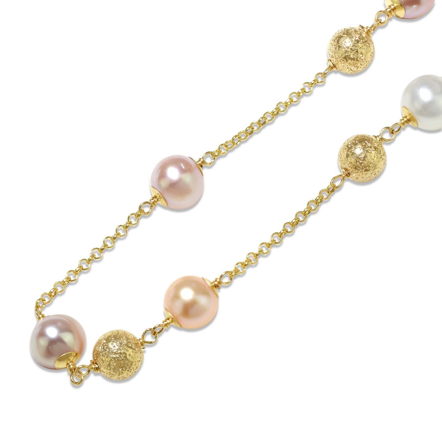 14k Multi Pink Freshwater Pearl Gold Ball Link Bracelet 7.5"