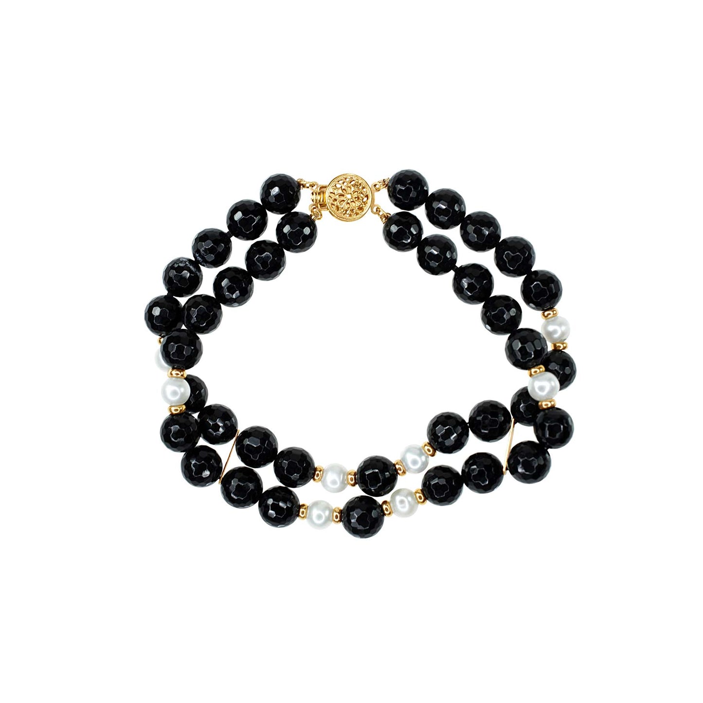 14k Faceted Black Onyx Freshwater Pearl 2 Row Bracelet