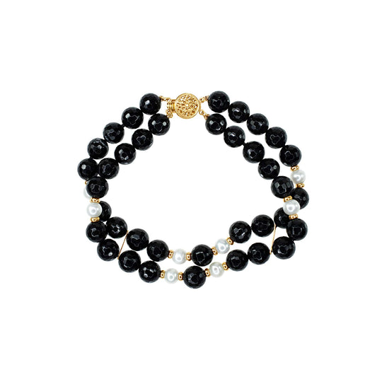 14k Faceted Black Onyx Freshwater Pearl 2 Row Bracelet