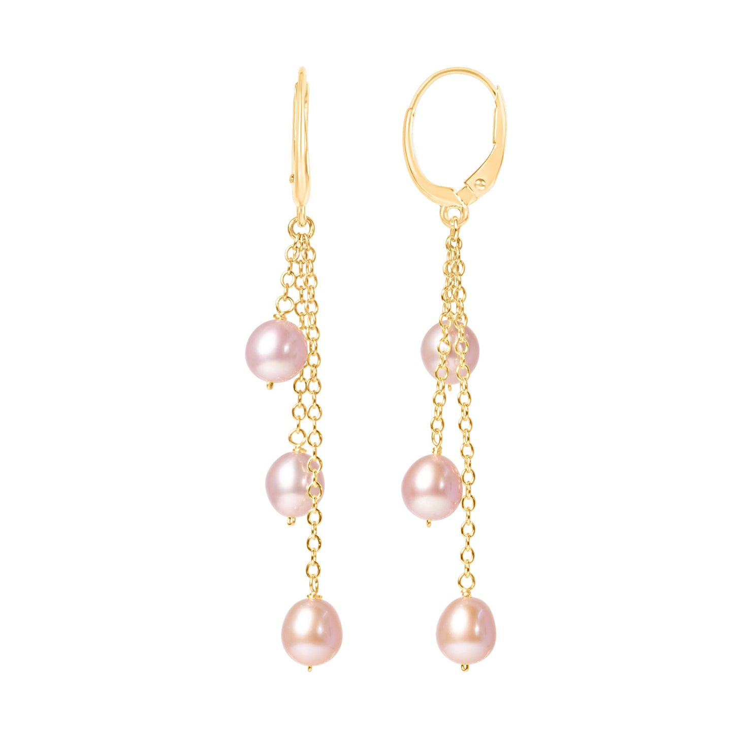 14k Pink Freshwater Pearl 3 Row Dangle Leverback Earring