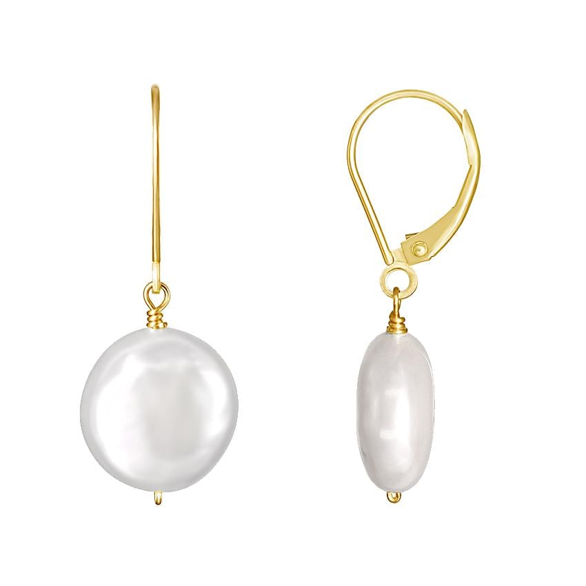 14k White Freshwater Coin Pearl Leverback Earring