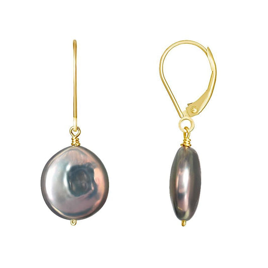 14k Grey Freshwater Coin Pearl Leverback Earring