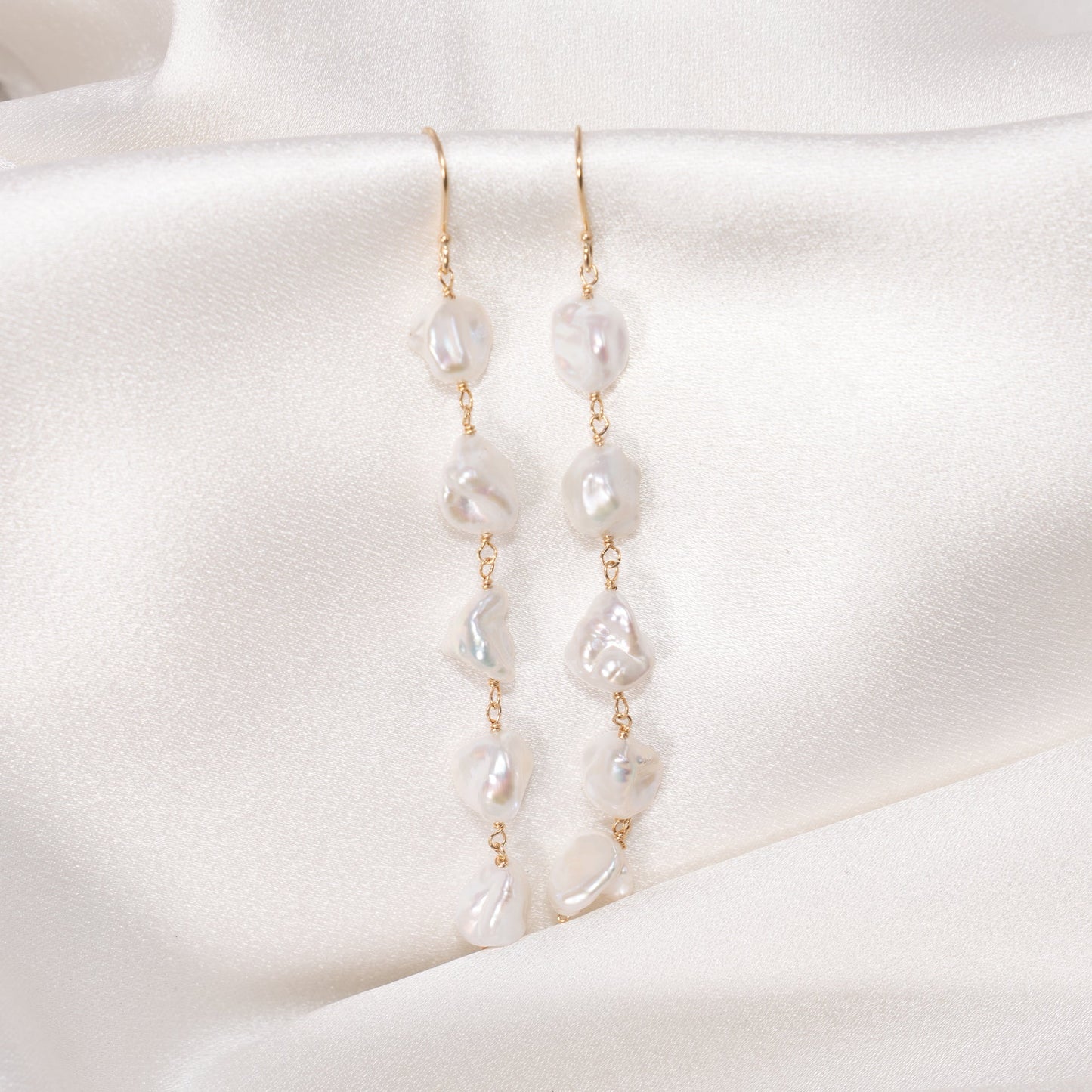 14k Keshi Pearl Linear Drop Hook Earrings