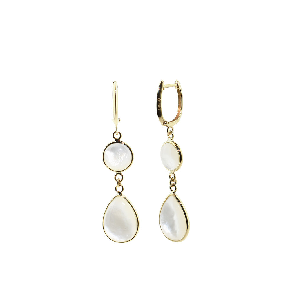 14k Mother of Pearl Round and Pear Bezel Huggie Hoop Earring