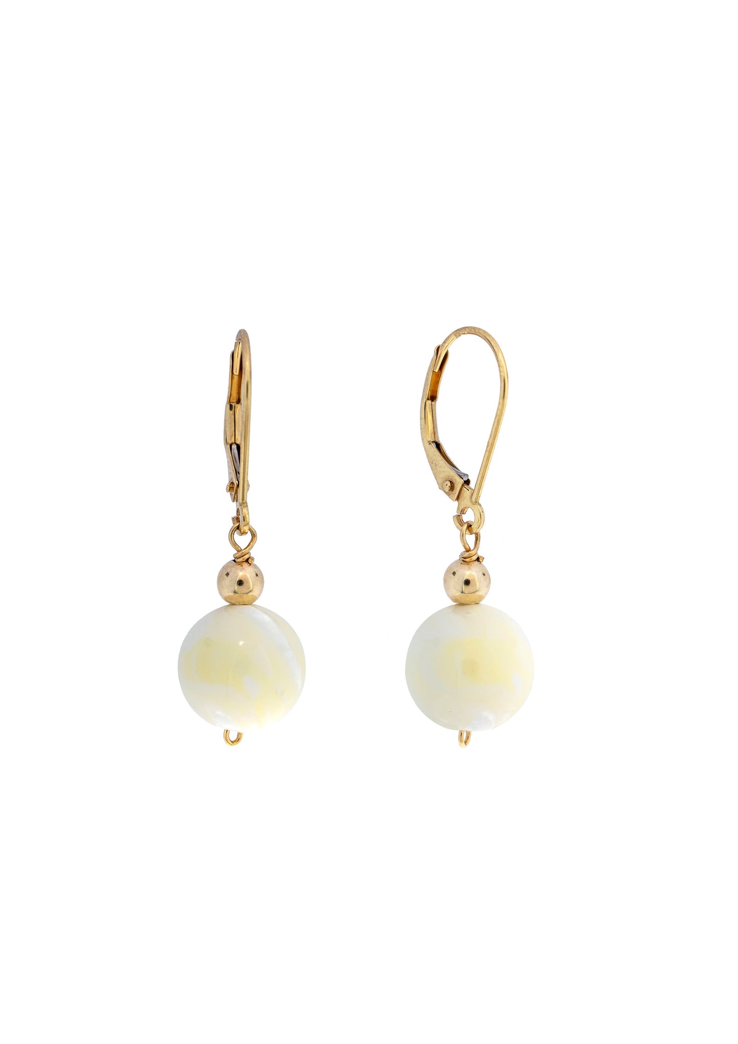 14k Mother of Pearl Gold Ball Leverback Dangle Earring