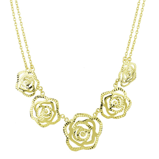 Séchic 14k Gold Five Diamond Cut Roses Necklace 18"