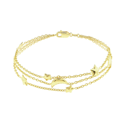 Séchic 14k Gold Moon & Star Three Layer Bracelet 7.5"