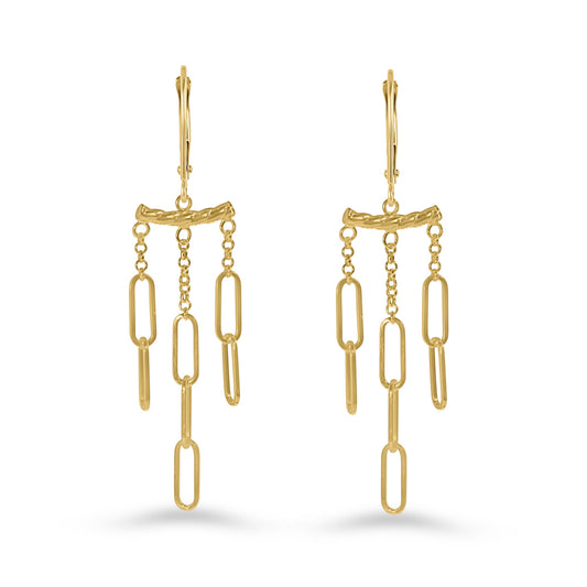 14k Gold 3 Row Paperclip Chain Drop Leverback Earring