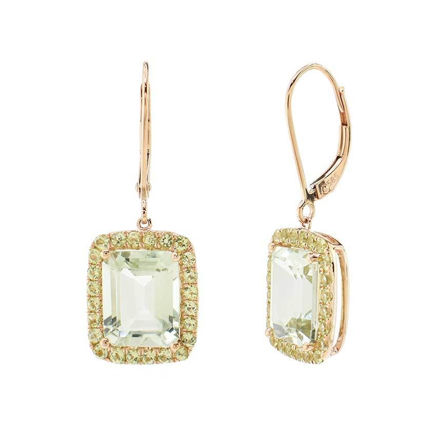 14k Green Amethyst Peridot Rectangle Bezel Leverback Dangle Earring