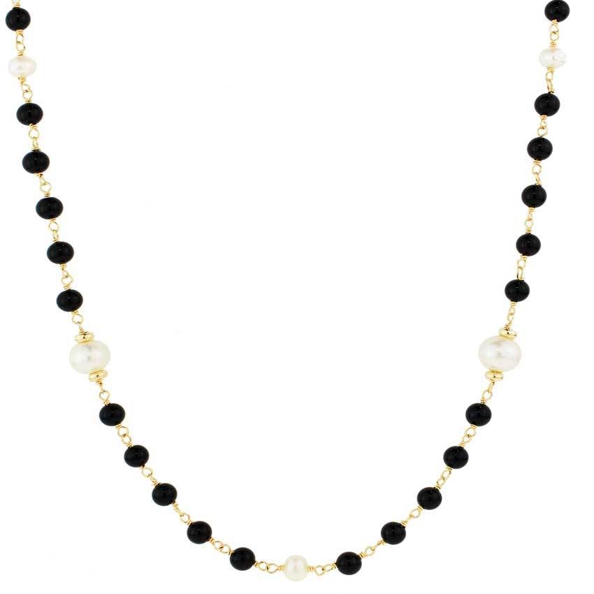 14k Black Onyx and White Freshwater Pearl Necklace 36"