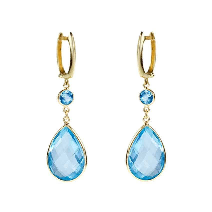 14k Blue Topaz Dual Bezel Huggie Hoop Dangle Earring