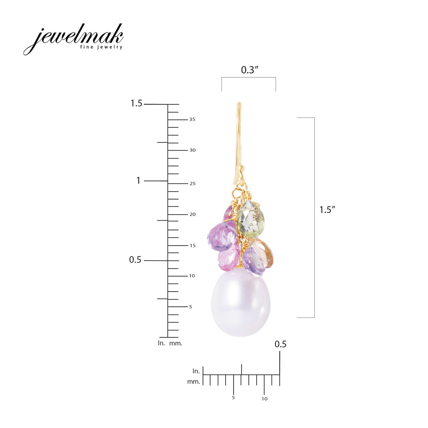 14k White Freshwater Pearl, Peridot, Blue Topaz, Pink Tourmaline, and Amethyst Dangle Earring