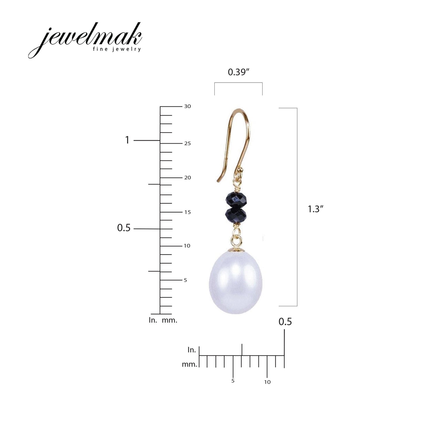 14k White Freshwater Pearl Black Spinel Hook Earring