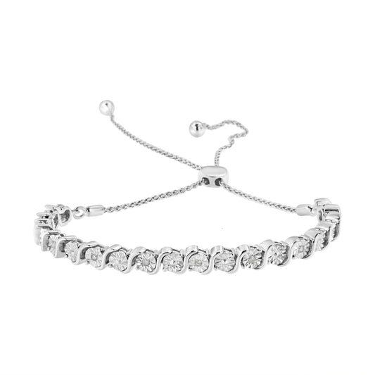 .925 Sterling Silver 1/10 cttw Diamond Miracle Plate in Bypass Style "S" Links Adjustable Bolo Bracelet