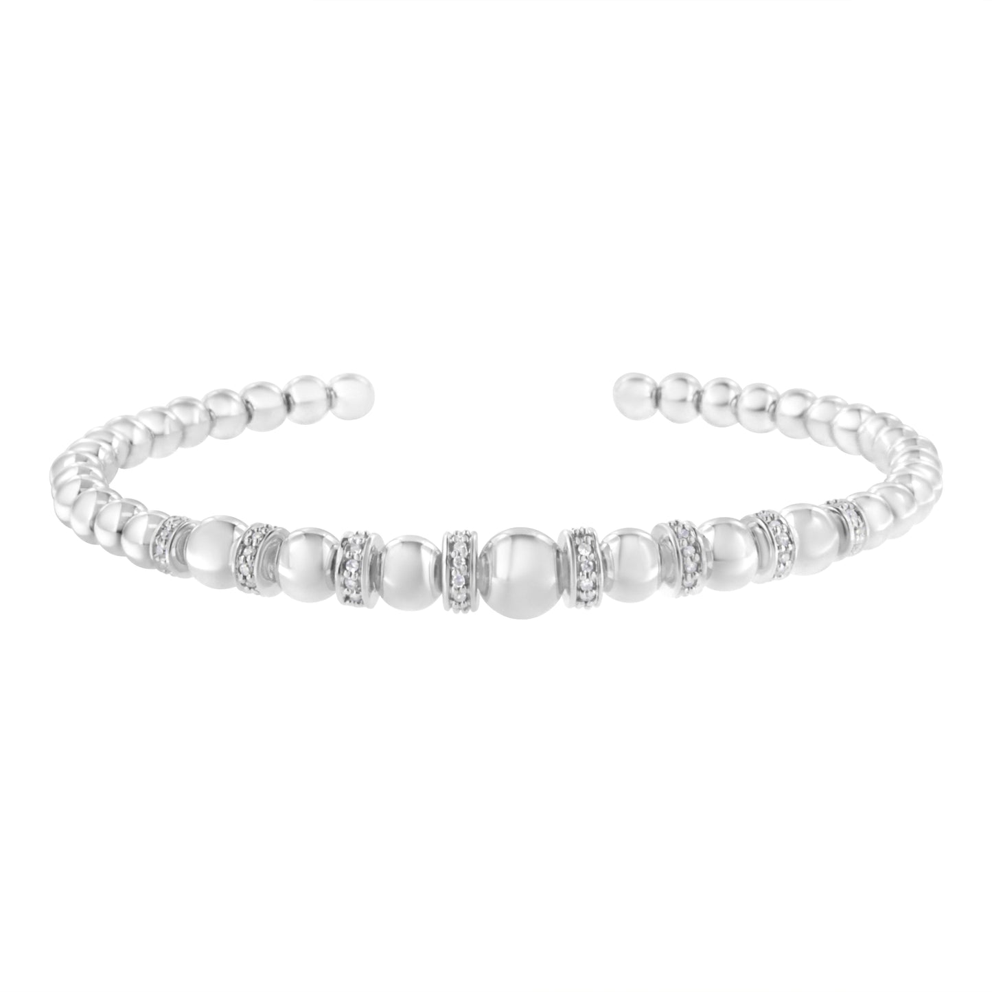 1/4 cttw Diamond Rondelle Graduated Ball Bead Cuff Bangle Bracelet in Sterling Silver