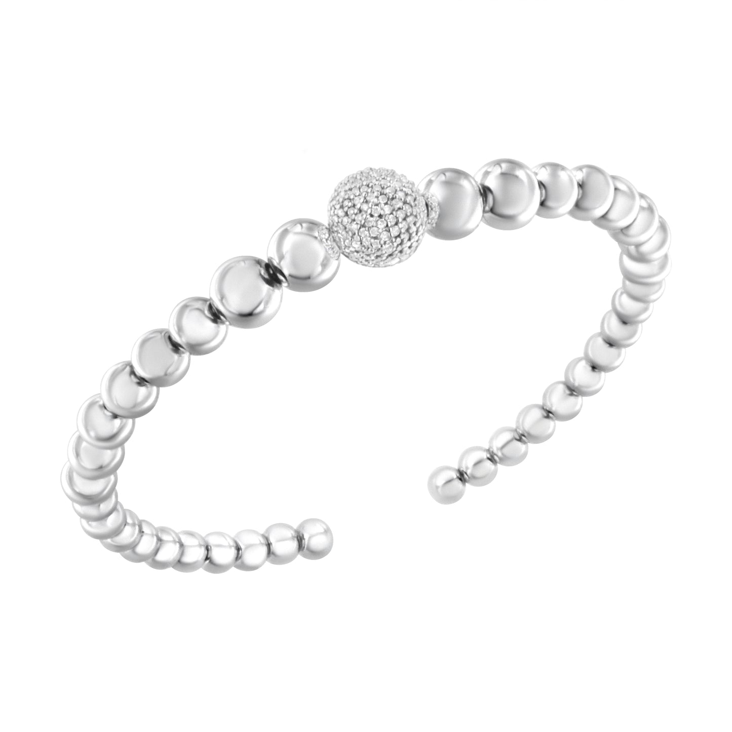 1/6 cttw Diamond Rondelle Graduated Ball Bead Cuff Bangle Bracelet in Sterling Silver