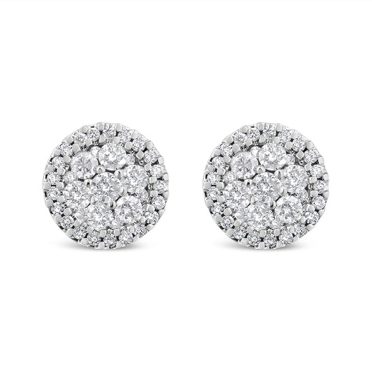 1.00 cttw Brilliant-Cut Diamond Halo-Style Cluster Round Button Stud Earrings in 14K White Gold