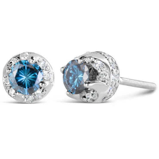 1.00 cttw Treated Blue and White Diamond Hidden Halo Stud Earrings in 14K White Gold