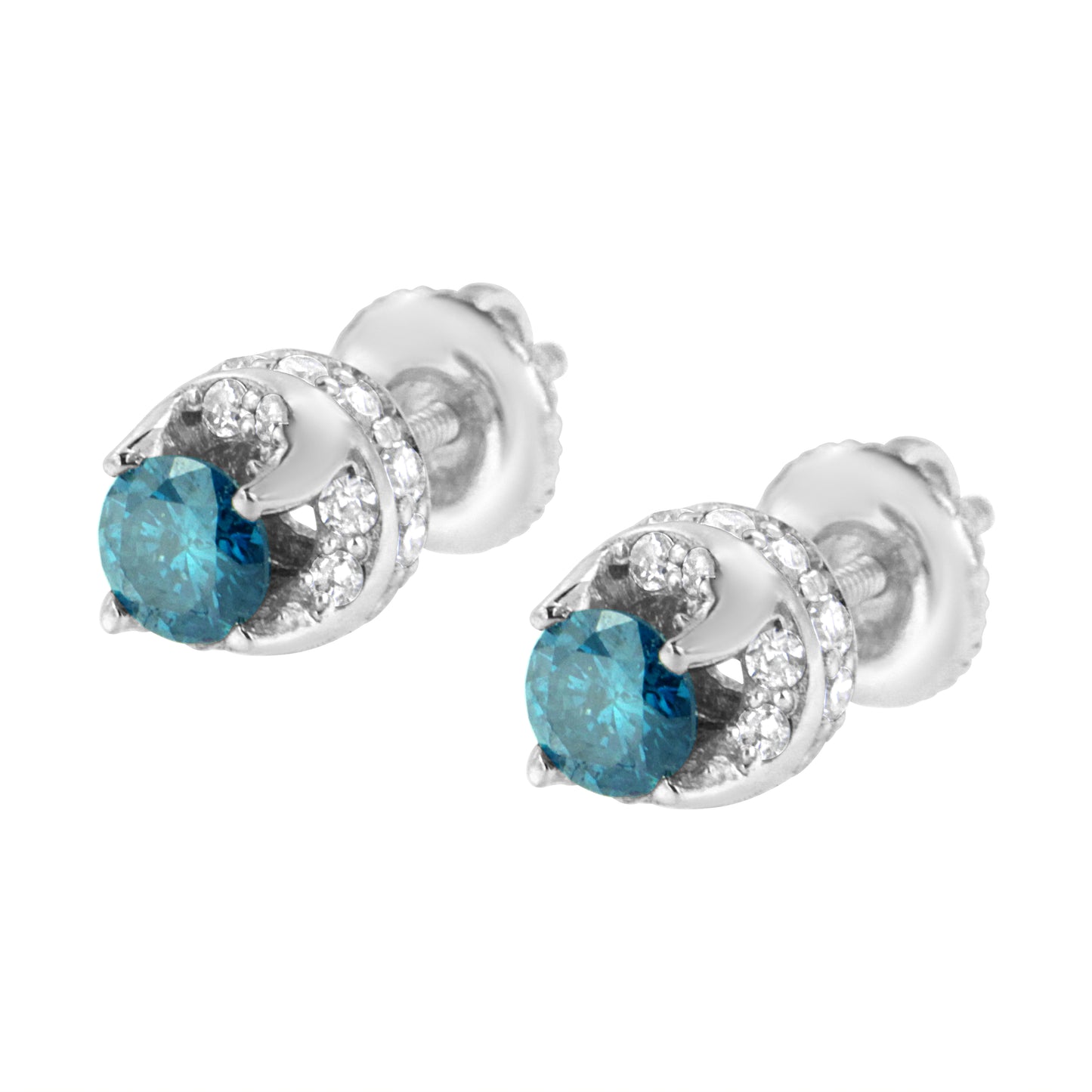 1.00 cttw Treated Blue and White Diamond Hidden Halo Stud Earrings in 14K White Gold